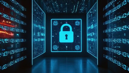 A glowing padlock surrounded by vibrant digital data streams, symbolizing cybersecurity and data protection in a modern, high-tech environment