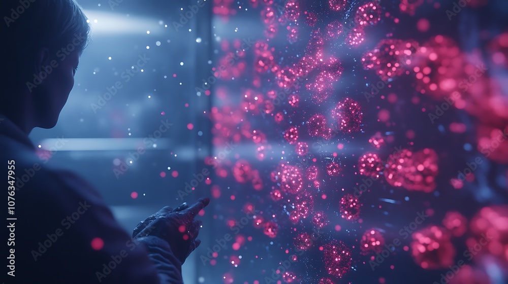 Poster a person interacts with a glowing wall of vibrant red particles, surrounded by a futuristic, illumin