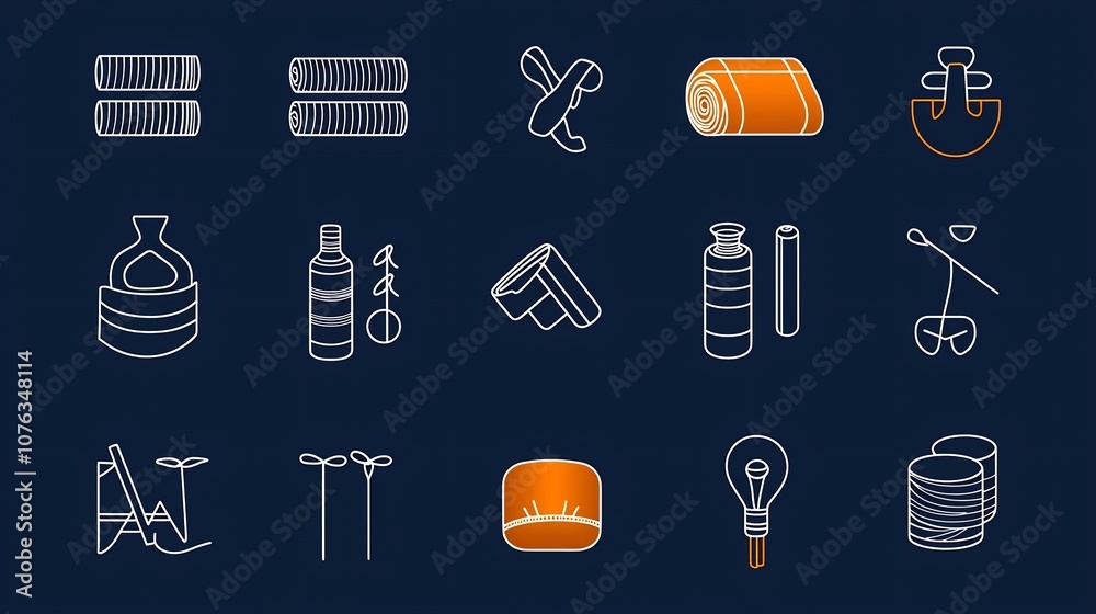 Poster collection of 30 minimalist icons in outline style depicting various fabric and textile features suc