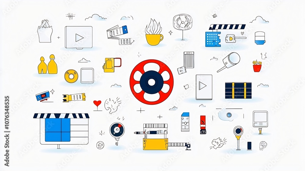 Aufkleber comprehensive video player icon set featuring essential cinema elements such as film reel clapperboa