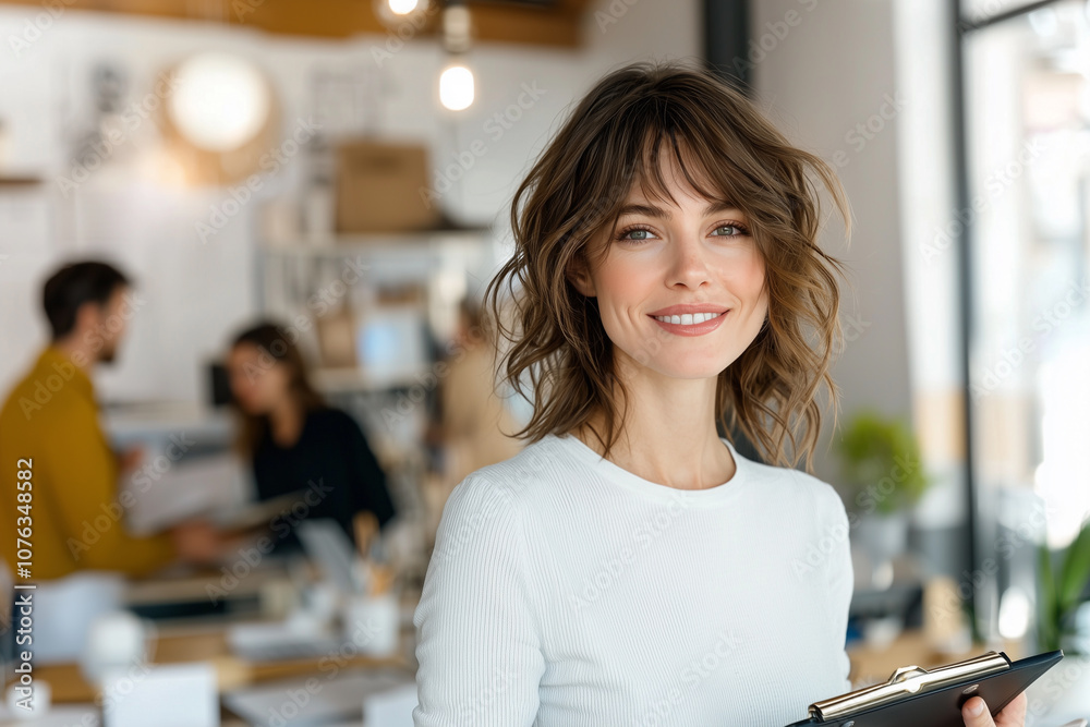 Poster professional woman smiling in modern office setting, holding notebook. background shows colleagues c