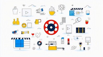 Comprehensive video player icon set featuring essential cinema elements such as film reel clapperboard and live streaming presented in a minimalist thin line style