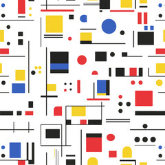 abstract pattern, Bauhaus style, red, blue, yellow, black, and white, geometric shapes, flat design, white background