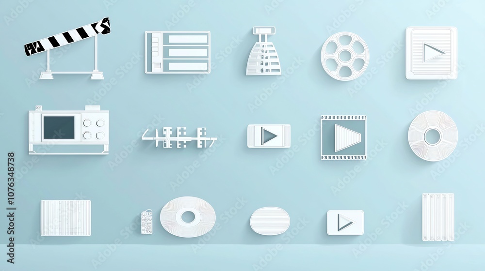 Poster Elegant Collection of Minimalist Video Player Interface Icons Featuring Film Reel Clapperboard Play and Stop Buttons in Thin Line Style