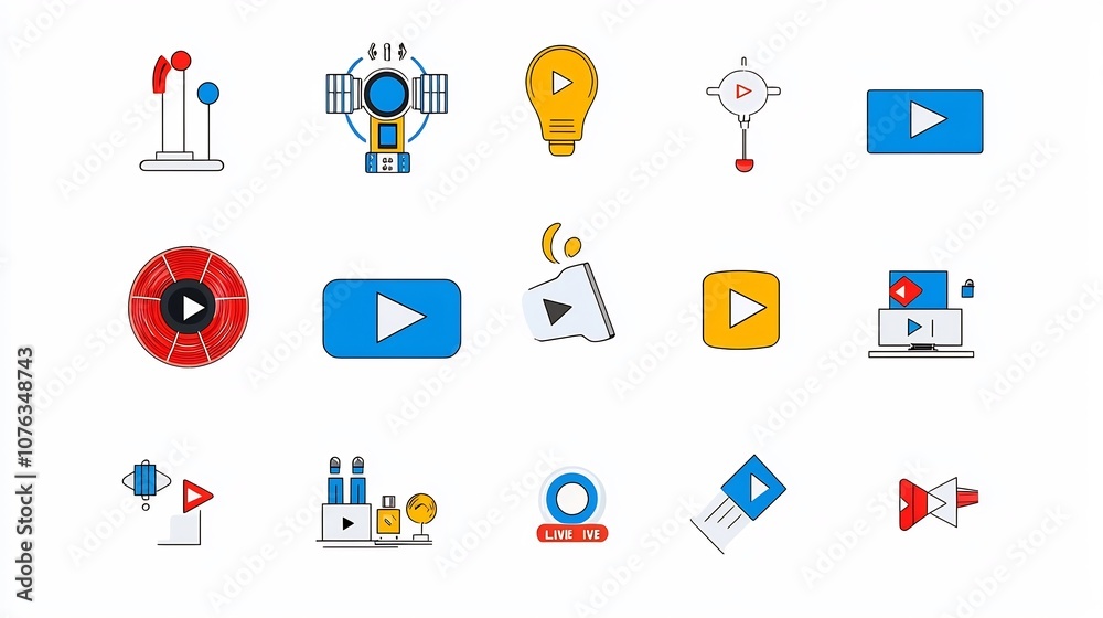 Poster Comprehensive icon set designed for online video streaming platforms featuring iconic elements such as movie reel live symbol and play button in a clean modern and minimalist style