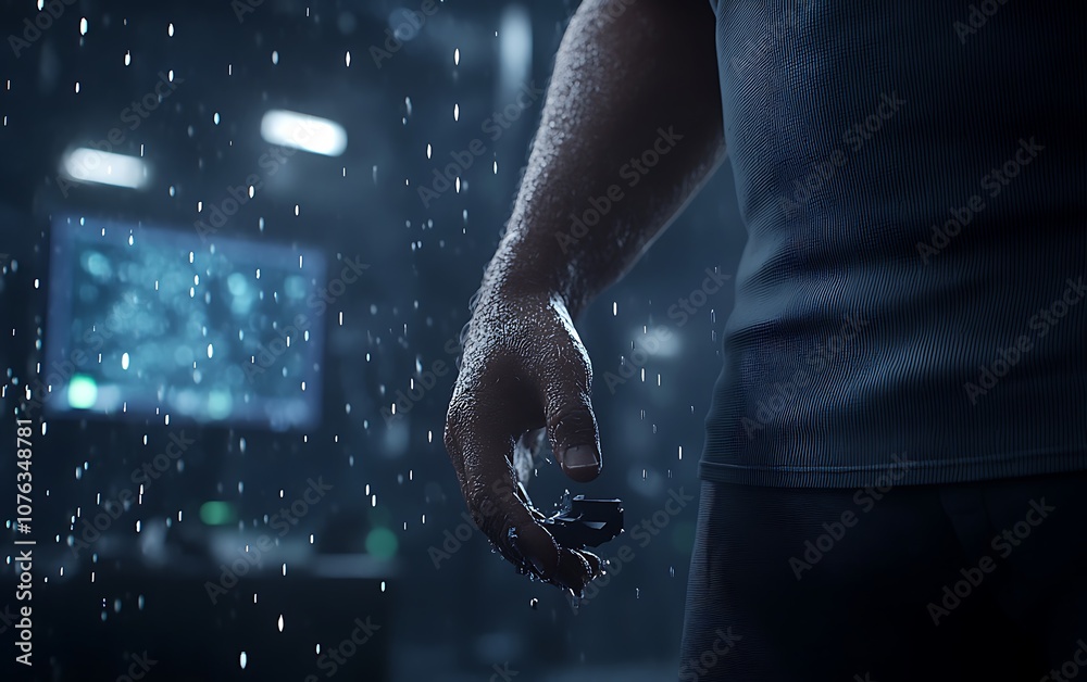Poster a close-up of a hand in the rain, emphasizing water droplets with a blurred background featuring a d