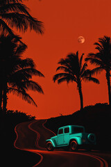 Vintage Car Under Palm Trees and Moonlit Sky on Scenic Road