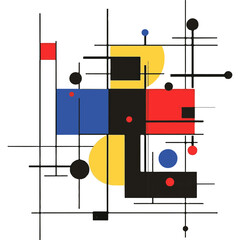 abstract pattern, Bauhaus style, red, blue, yellow, black, and white, geometric shapes, flat design, white background