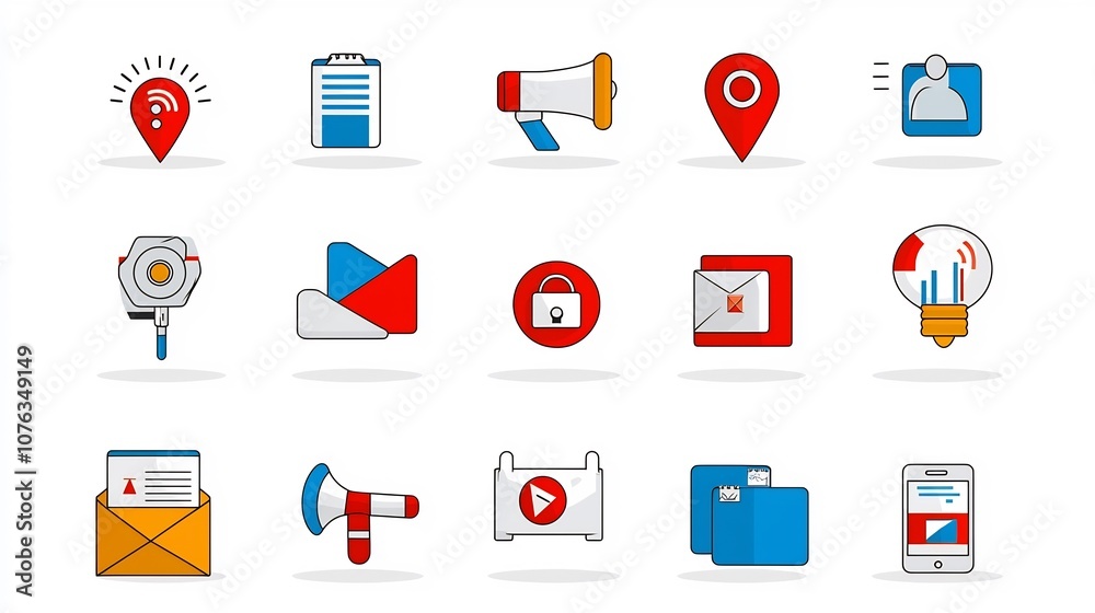Poster minimalistic style icons symbolizing the key elements of advertising influence and digital marketing