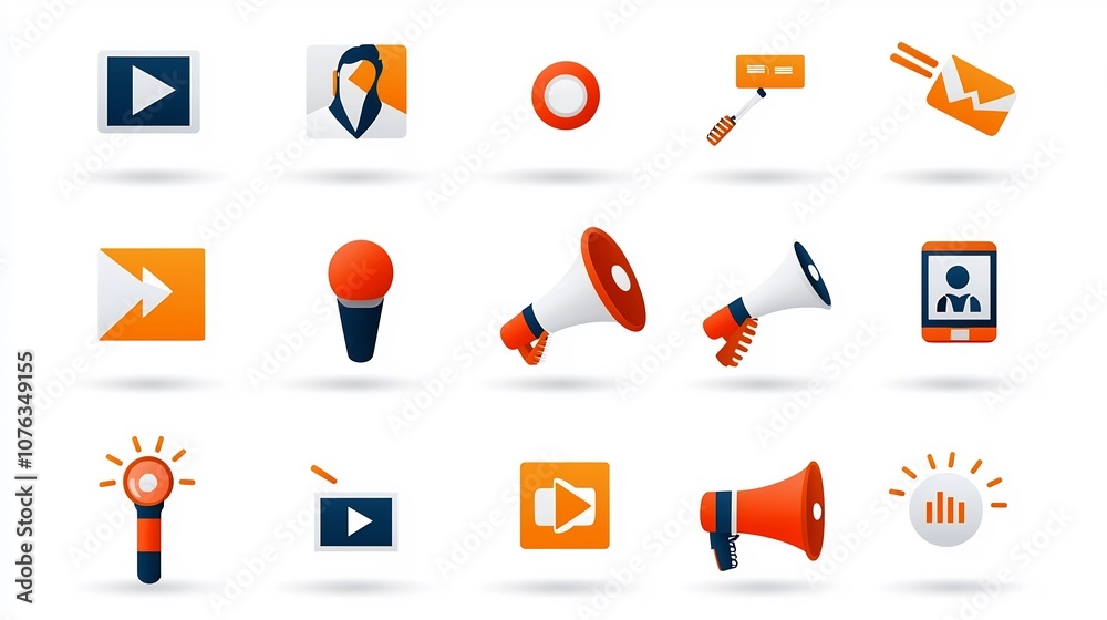 Poster sleek and modern digital campaign tools focused icon set featuring megaphone influence and media sym