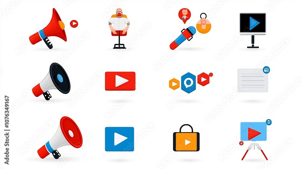 Poster Comprehensive Icon Set for Digital Campaign Tools Featuring Megaphone Influence and Media Symbols in Simple Style