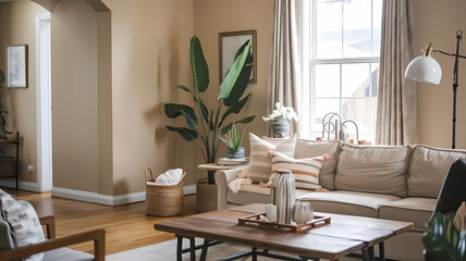 Cozy living room featuring a beige sofa with striped cushions, a wooden coffee table, a tall indoor plant, and warm-toned walls, perfect for inviting relaxation and style.