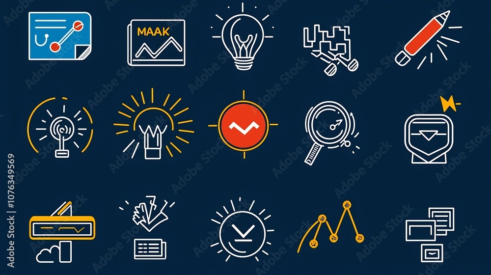 Poster collection of icons for marketing goals and strategies including target campaign and public outreach
