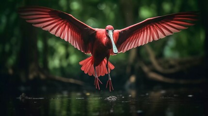 A vibrant red bird with outstretched wings flying over water in a lush, green environment.