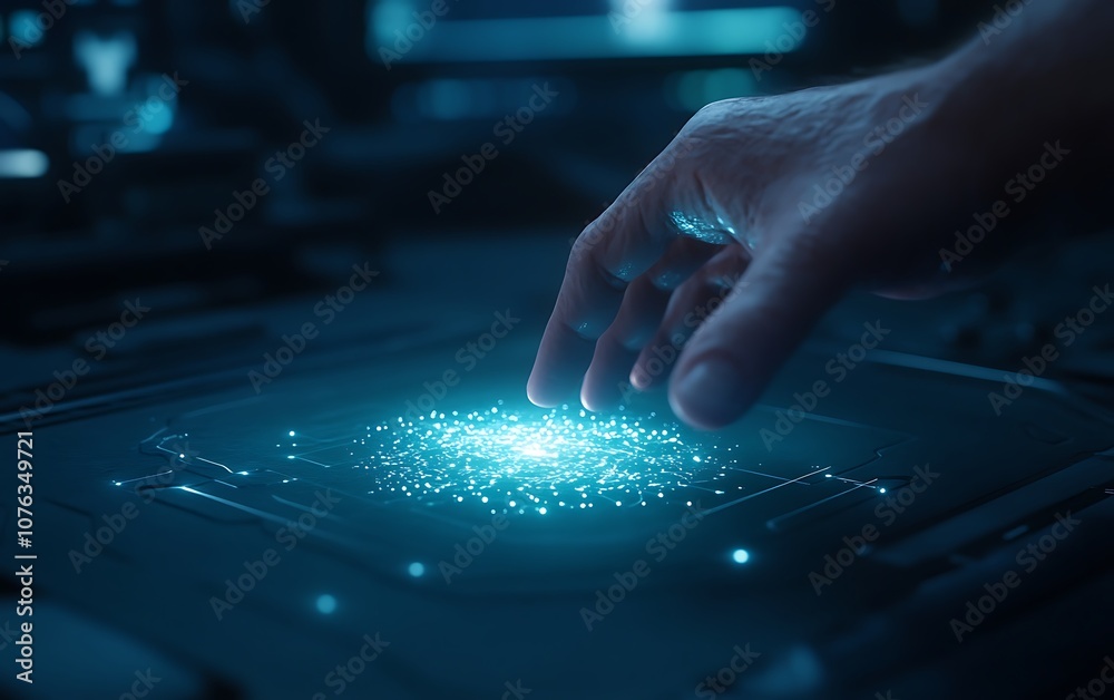 Poster a hand reaches towards a glowing, futuristic interface, surrounded by shimmering particles, symboliz