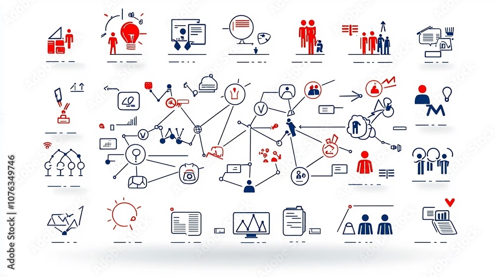 Poster Minimal icons depicting the organization structure and interconnected community of a company or business  Geometric shapes and symbols represent teamwork workflow corporate management