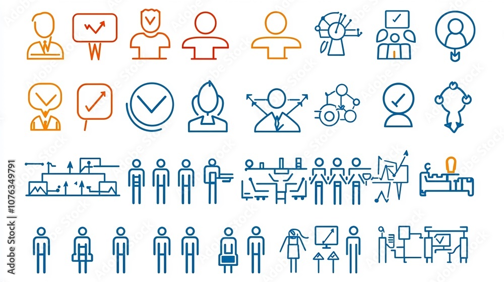 Poster thin line icon set featuring a variety of organizational structure symbols including hierarchy teamw