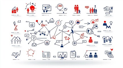 Minimal icons depicting the organization structure and interconnected community of a company or business  Geometric shapes and symbols represent teamwork workflow corporate management
