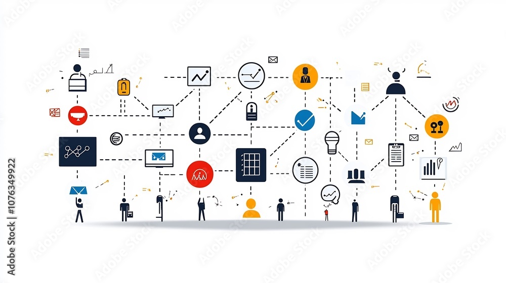 Poster Thin line icons illustrating the concepts of business hierarchy structure and team connections  Includes symbols for leadership management organization workflow and corporate
