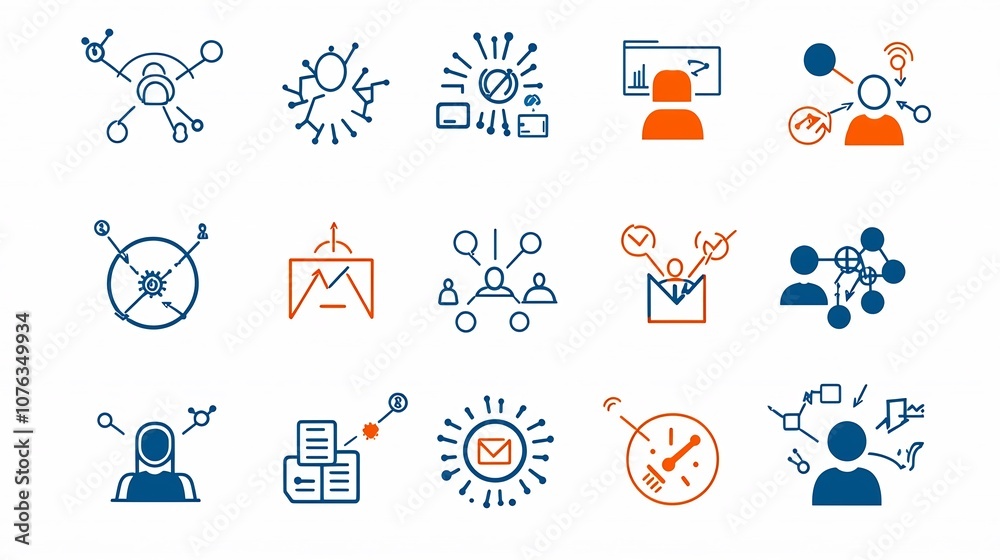 Poster Set of minimalistic icons representing organizational networking community teamwork symbols  Graphic design elements for business management and digital workflow concepts