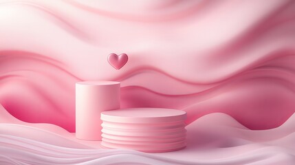A pink cylinder two-step podium with wave layers, featuring a heart shape on the wall. This setup is perfect for a Valentine&rsquo;s Day celebration or promotion, creating a romantic and festive atmosphere.