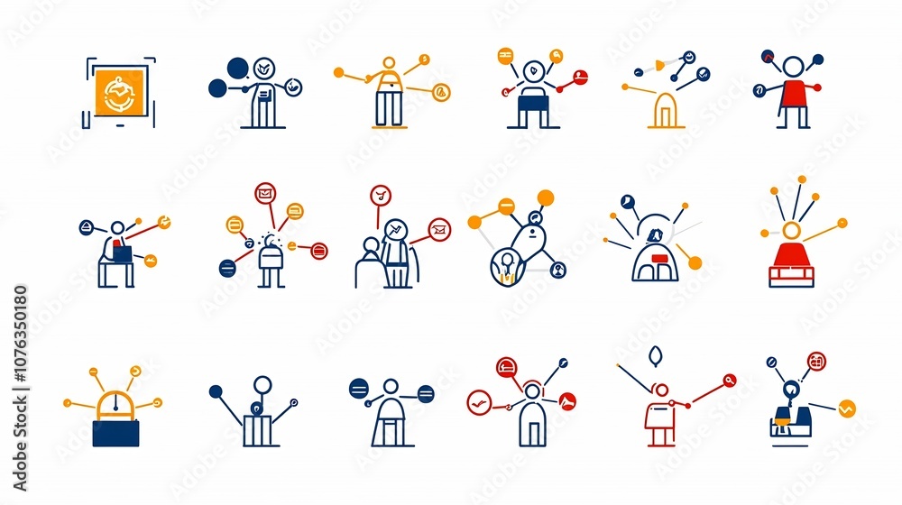 Poster collaborative environment icons depicting teamwork and community connections clean line design repre