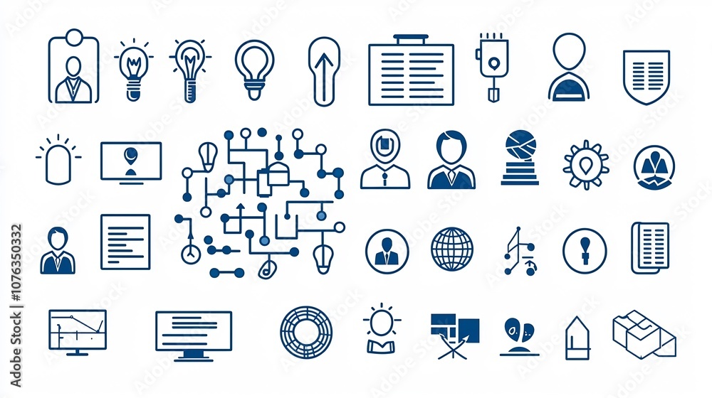 Poster A set of thin line icons focused on corporate organization featuring symbols for leadership networking and company structure  These minimalist icons convey concepts like management strategy hierarchy