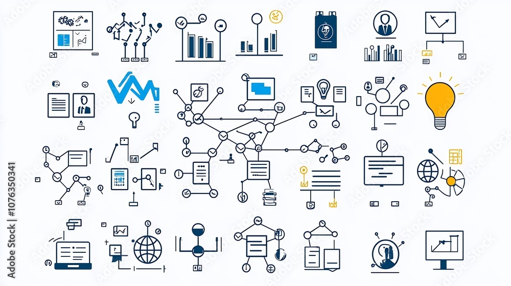 Poster Collection of abstract icons representing various aspects of business connections such as structure hierarchy and teamwork presented in a style with simple lines and shapes