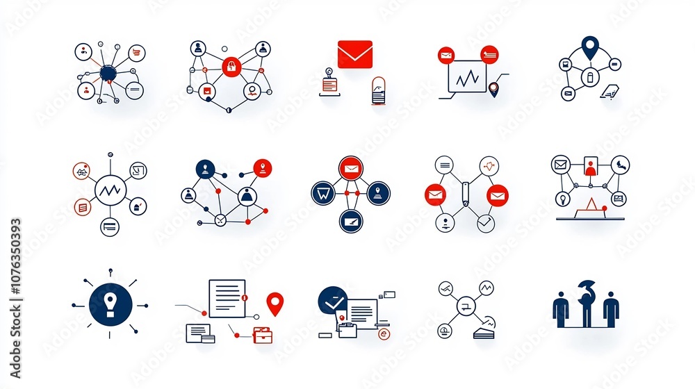 Poster a set of minimalist icons illustrating the concepts of organizational hierarchy connections and lead