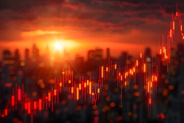 Fototapeta premium Stock Market Graph with City Skyline at Sunset for Financial Analysis and Investment Insights