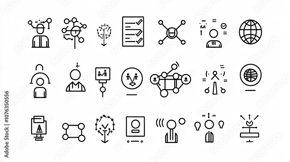 Poster Collection of corporate and organizational themed icons featuring people company structure and networking symbols in a simple line graphic style