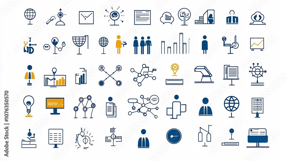 Aufkleber Collection of corporate and organizational themed icons in simple line style including symbols for networking company structure team digital technology workflow