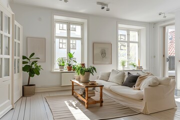 Scandinavian Living Room with White Walls and Soft Beige Sofa