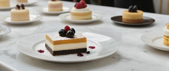 Assorted gourmet desserts arranged elegantly on a white marble table
