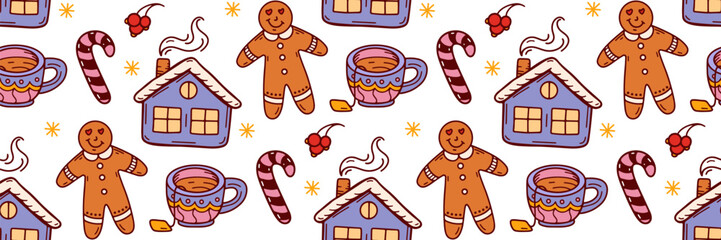 Christmas color doodle pattern with traditional candy cane, gingerbread house and cookies man. Festive winter doodle background. Horizontal Vector illustration for holidays, wrapping paper.