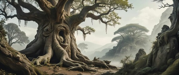 Ancient tree with faces and hidden creatures for a mythical coloring page