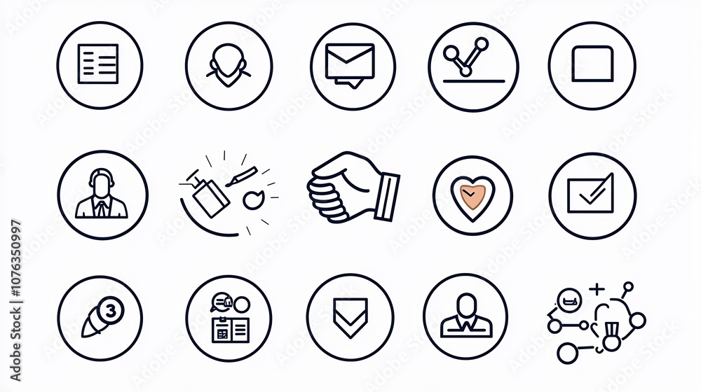 Poster collection of clean line design icons representing the concept of business handshake partnership and