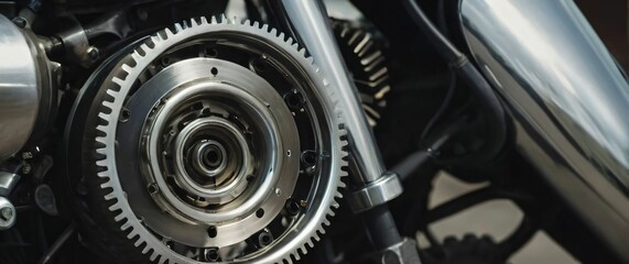 An extreme close up of a powerful racing engine with details of chrome and exposed gears