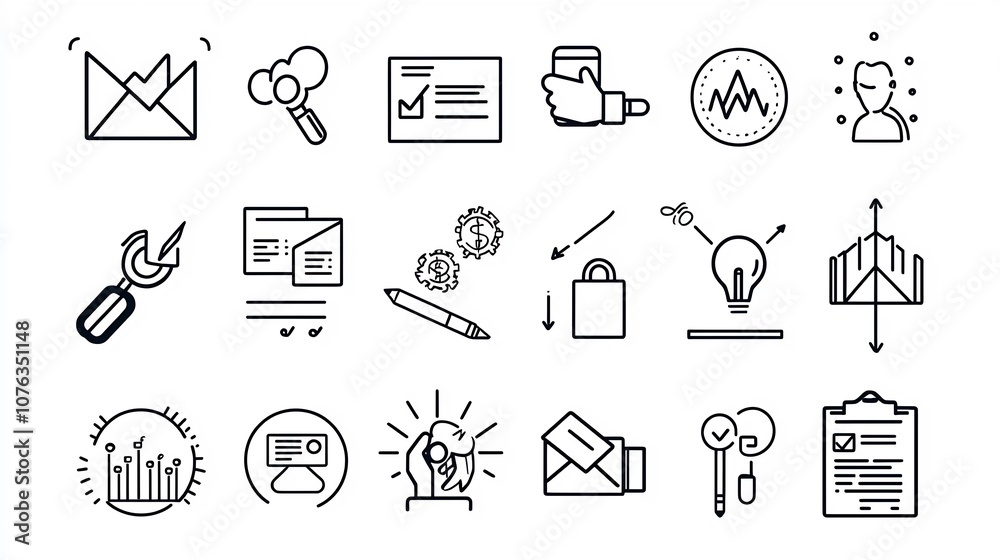 Poster Comprehensive collection of business marketing icons featuring various elements such as agreements donations and campaigns designed in a style with thin lines for a clean and modern look