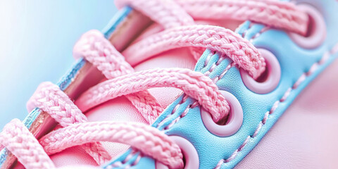 A pink and blue shoe with a pink lace
