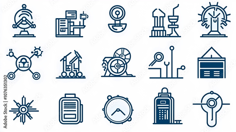 Poster Collection of simple line icons representing productivity process service and performance symbols for industrial management and optimization  Minimalist graphic design elements suitable for business