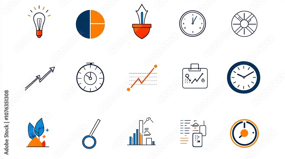 Poster Thin Line Icon Set Featuring Productivity Essentials for Efficient Business Growth and Management Including Growth Graph Time Management and Optimization Tools
