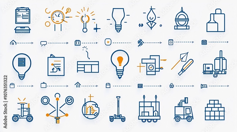 Aufkleber Collection of Minimalist Line Icons Representing Productivity Workflow Optimization and Process Management Solutions for Industrial and Manufacturing