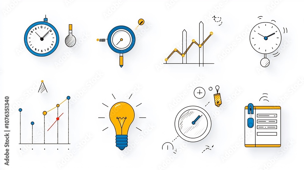 Aufkleber Thin line icon set featuring a collection of productivity essentials including a growth graph time management tools and efficiency boosting elements  Clean design for business organization