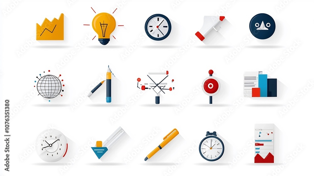 Poster Set of minimalistic icons symbolizing key features and capabilities of project management software and tools including deadlines organization optimization