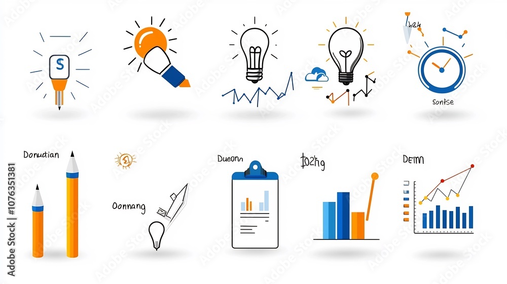 Leinwandbilder Minimalistic icons depicting various symbols and elements related to project management tools and concepts including deadlines organization optimization and more in a clean and abstract design style