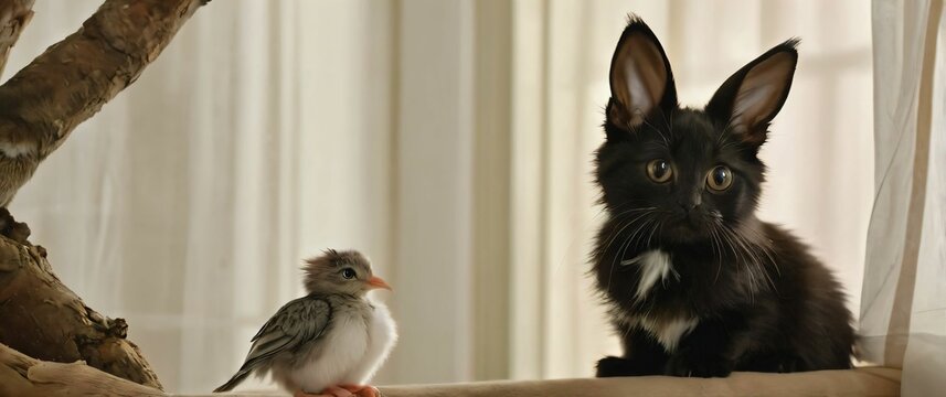 Adorable chimeras with bunny cat and bird parts for wallpaper