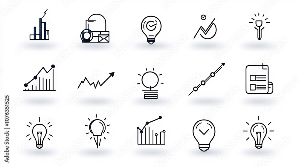 Aufkleber Comprehensive collection of productivity icons focusing on project management essentials such as task organization deadline tracking and growth analytics presented in a minimal line design style