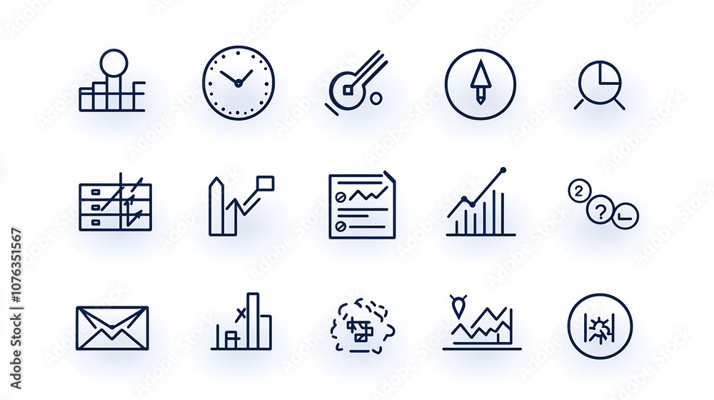 Poster Collection of productivity focused project management icons showcasing task organization deadline tracking growth and performance analytics in a clean minimal line design style