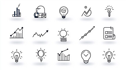 Comprehensive collection of productivity icons focusing on project management essentials such as task organization deadline tracking and growth analytics presented in a minimal line design style